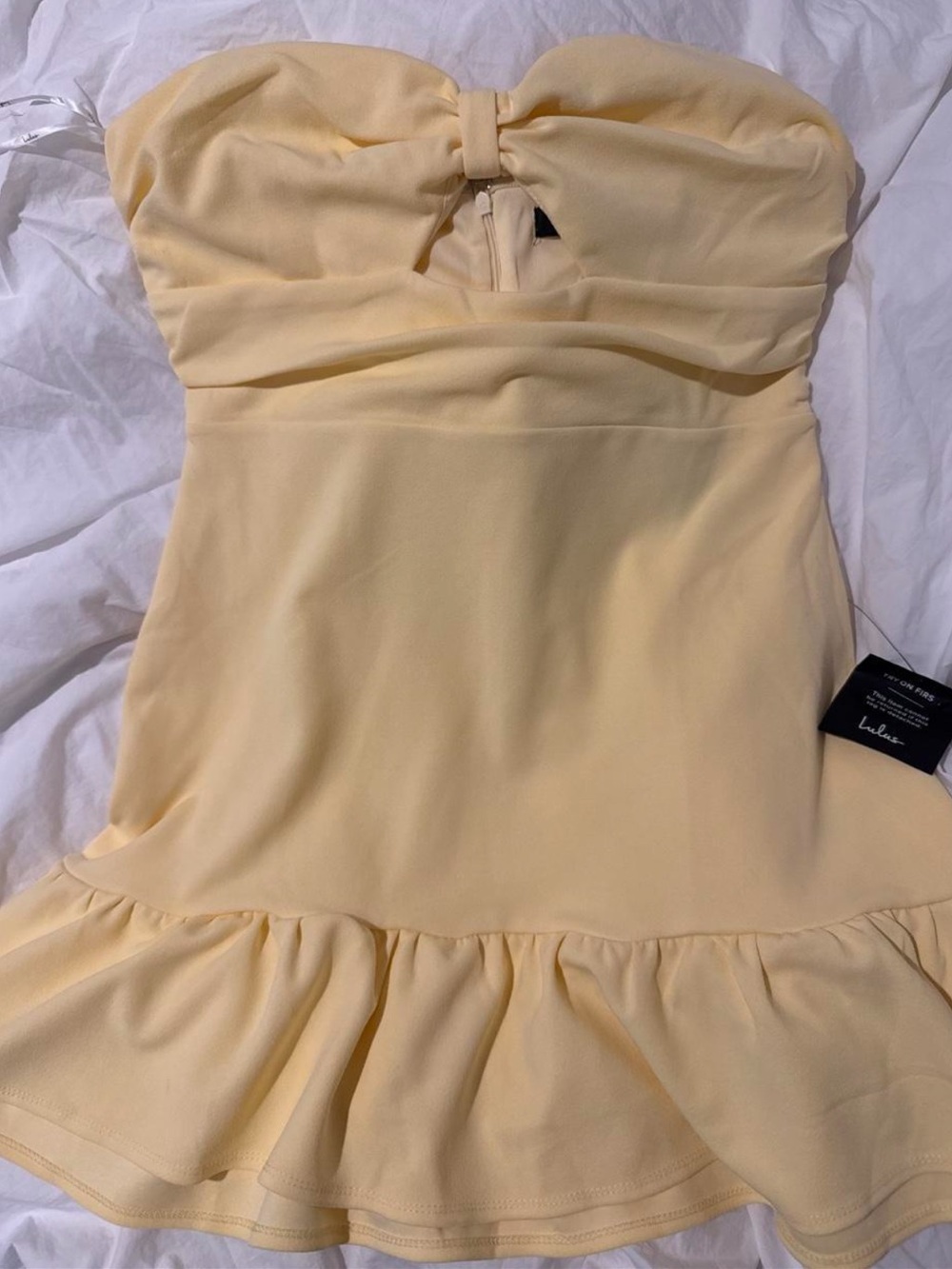Lulu's Strapless Pale Yellow Ruffle-Hem Dress